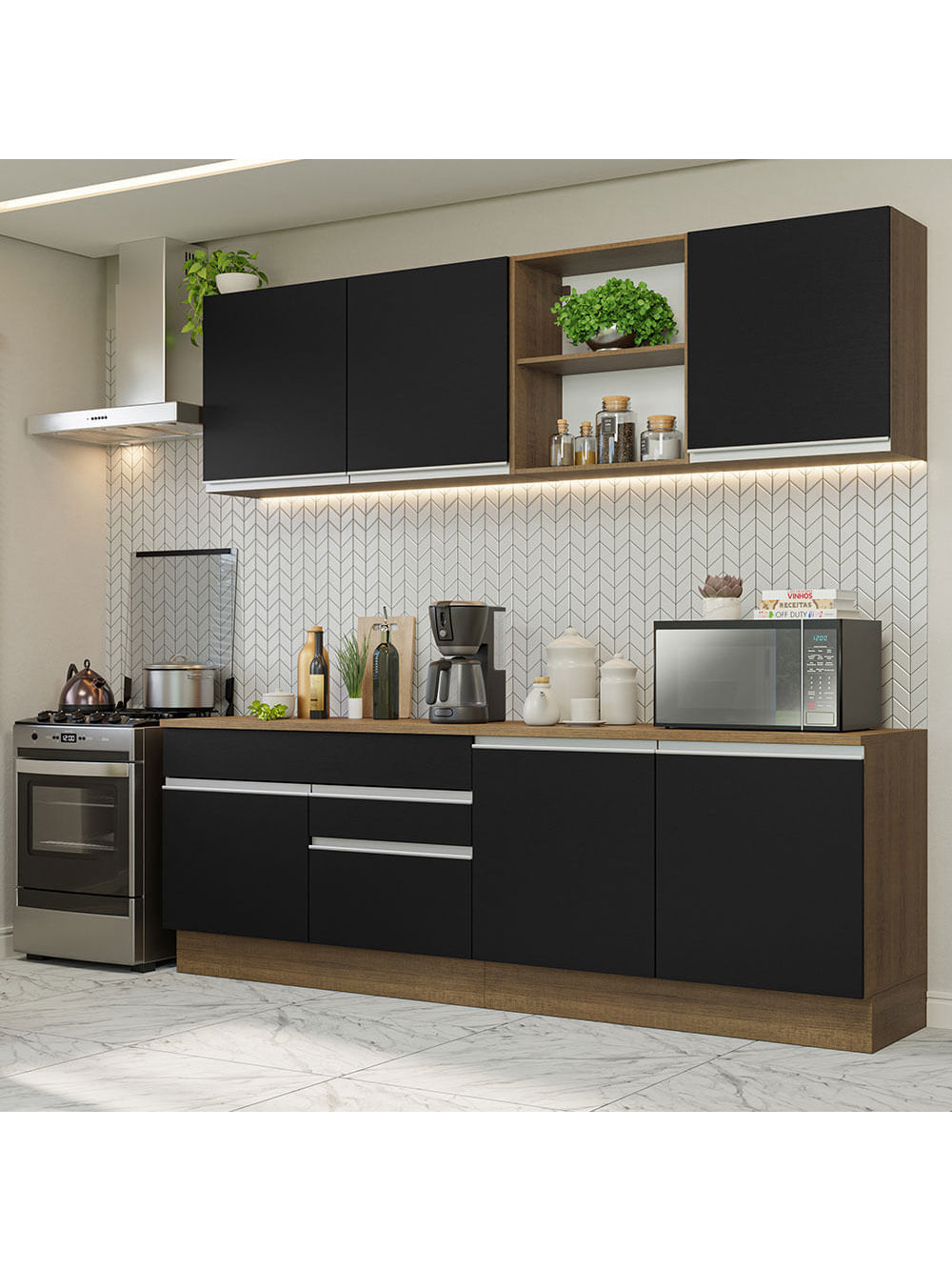 Armário de Cozinha Completa 240cm Rustic/Preto Glamy Madesa 06 - Rustic/Preto