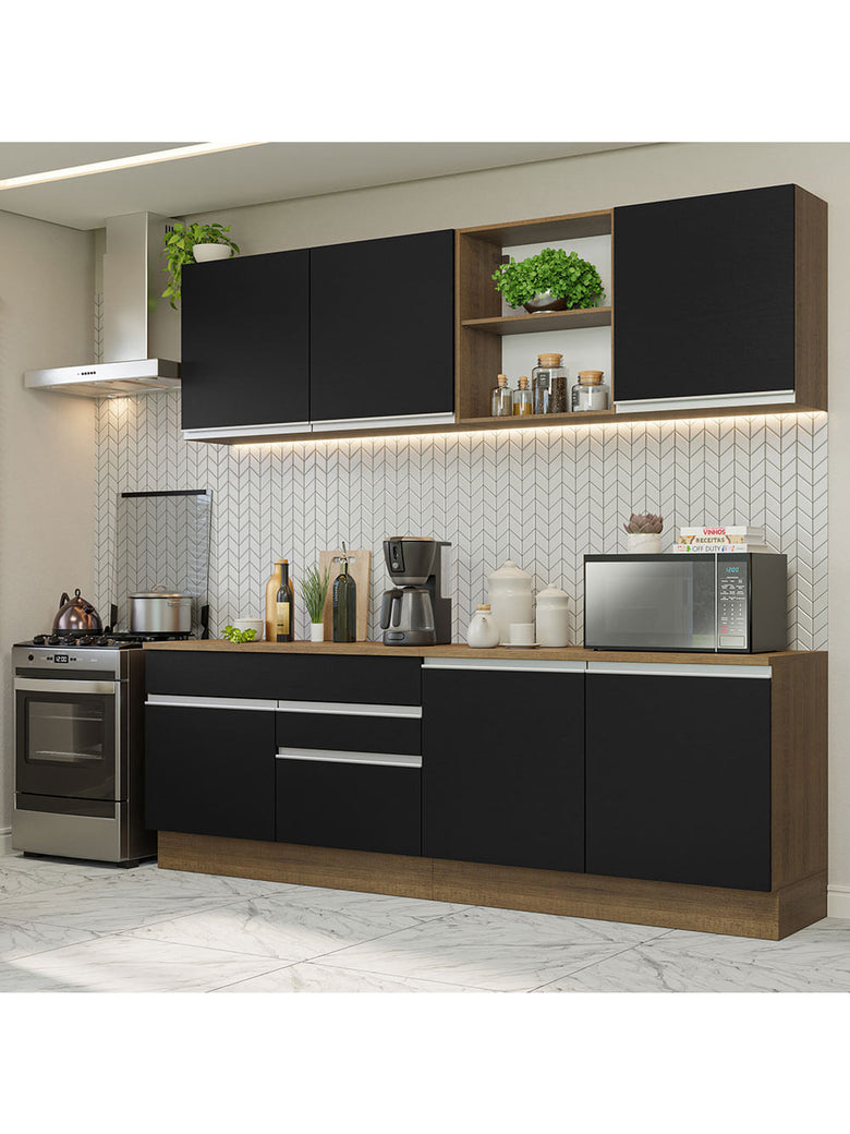 Armário de Cozinha Completa 240cm Rustic/Preto Glamy Madesa 06