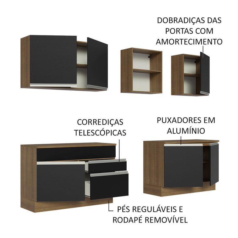 Armário de Cozinha Completa 240cm Rustic/Preto Glamy Madesa 06