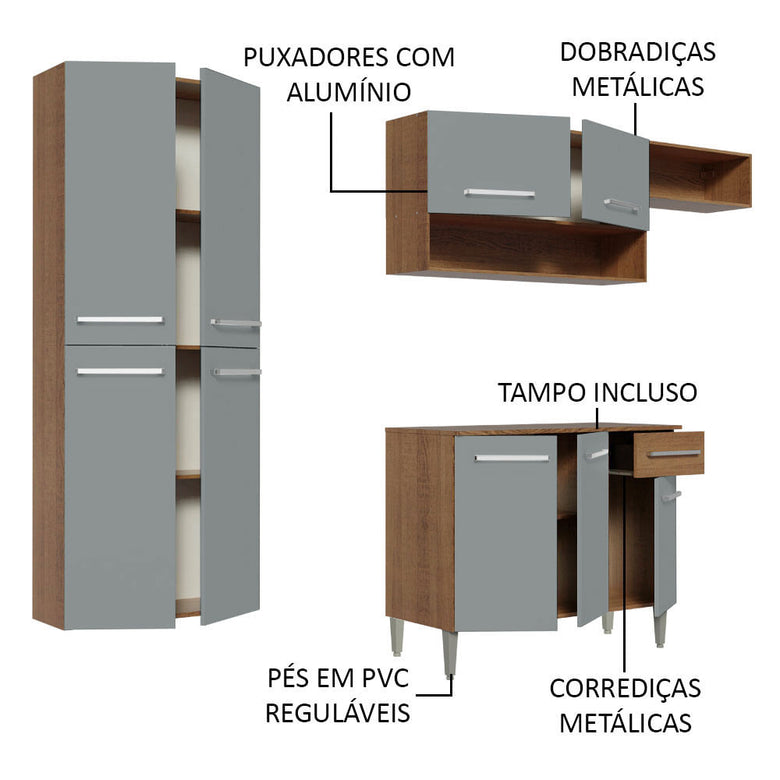 Armário de Cozinha Completa 229cm Rustic/Cinza Emilly Fit Madesa
