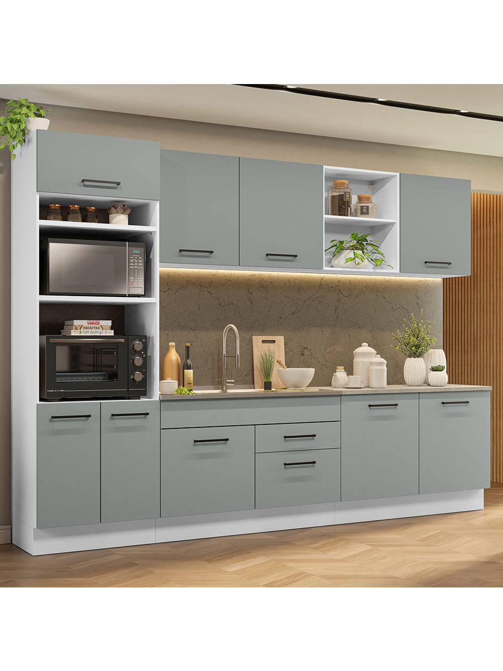 Armário de Cozinha Completa 310cm Branco/Cinza Agata Madesa 02 - Branco/Cinza