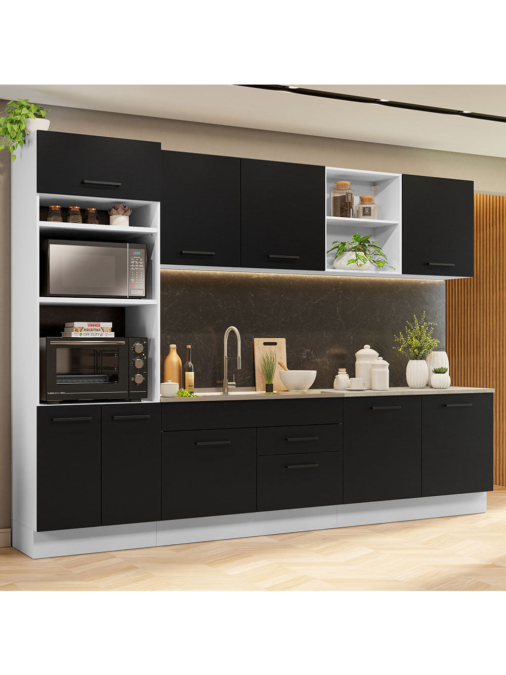 Armário de Cozinha Completa 310cm Branco/Preto Agata Madesa 02 - Branco/Preto