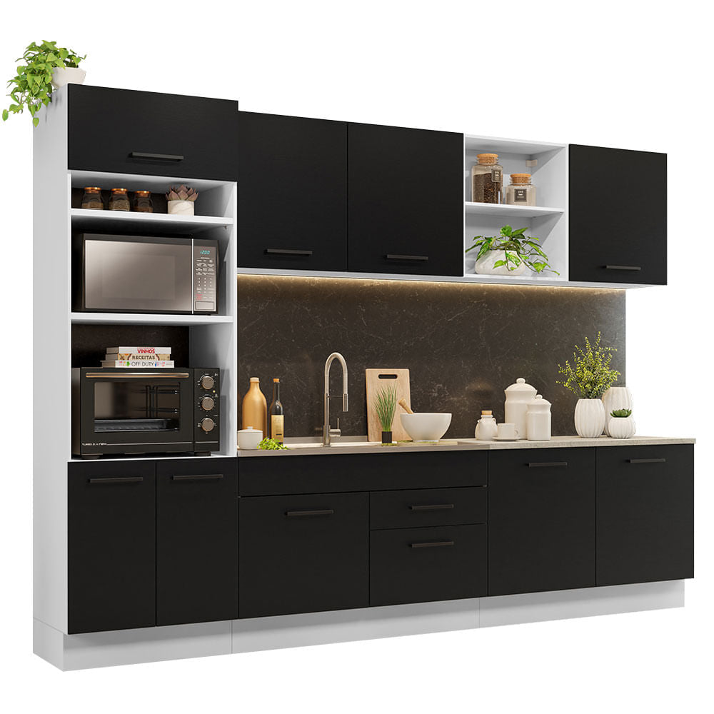 Armário de Cozinha Completa 310cm Branco/Preto Agata Madesa 02 - Branco/Preto