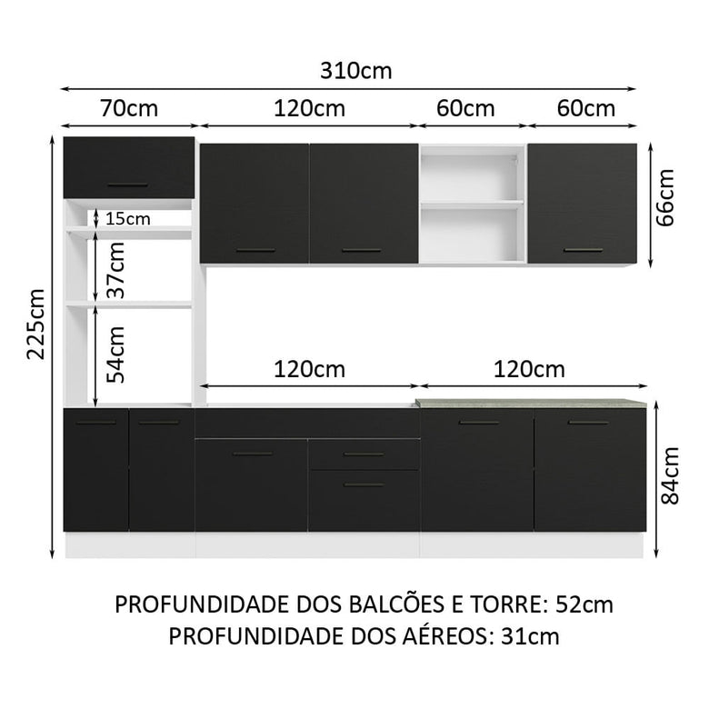 Armário de Cozinha Completa 310cm Branco/Preto Agata Madesa 02