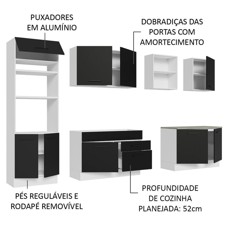 Armário de Cozinha Completa 310cm Branco/Preto Agata Madesa 02