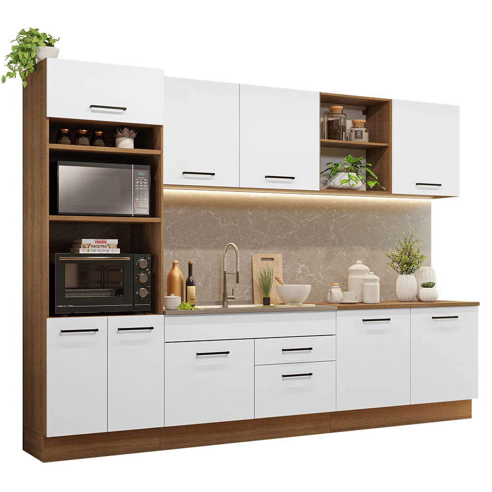 Armário de Cozinha Completa 310cm Rustic/Branco Agata Madesa 02 - Rustic/Branco