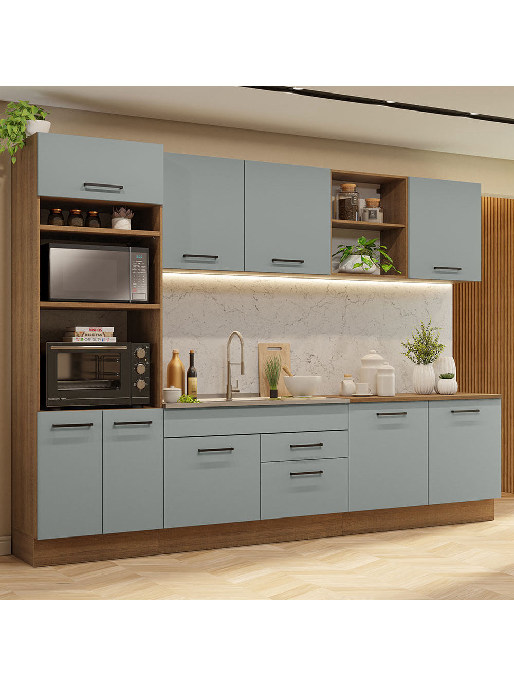 Armário de Cozinha Completa 310cm Rustic/Cinza Agata Madesa 02 - Rustic/Cinza