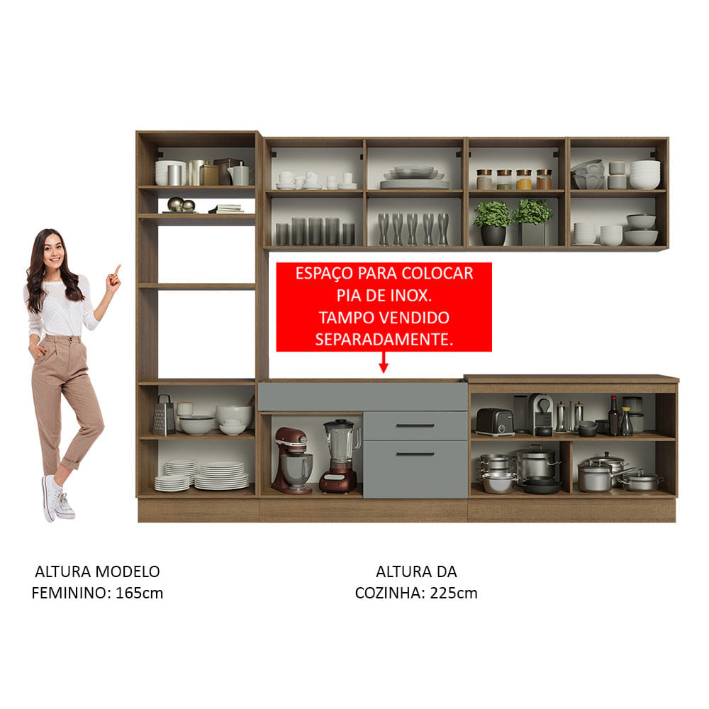 Armário de Cozinha Completa 310cm Rustic/Cinza Agata Madesa 02