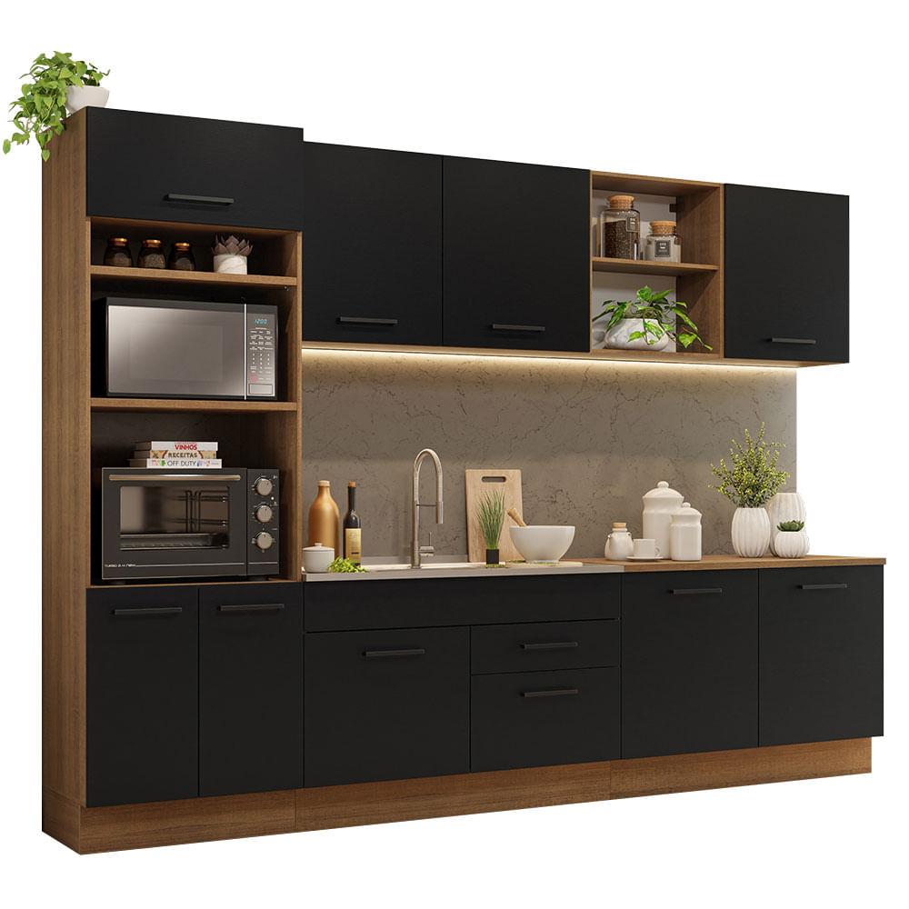 Armário de Cozinha Completa 310cm Rustic/Preto Agata Madesa 02 - Rustic/Preto
