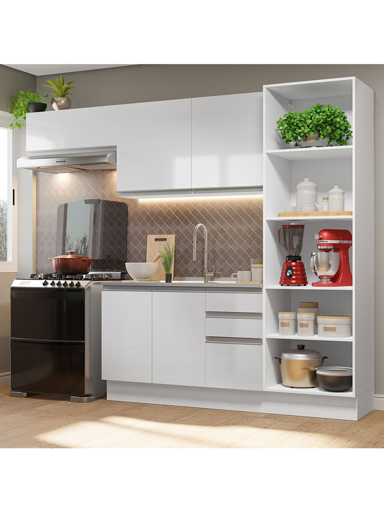 Armário de Cozinha Completa 260cm 100% MDF Frentes Branco Brilho Acordes Madesa 04