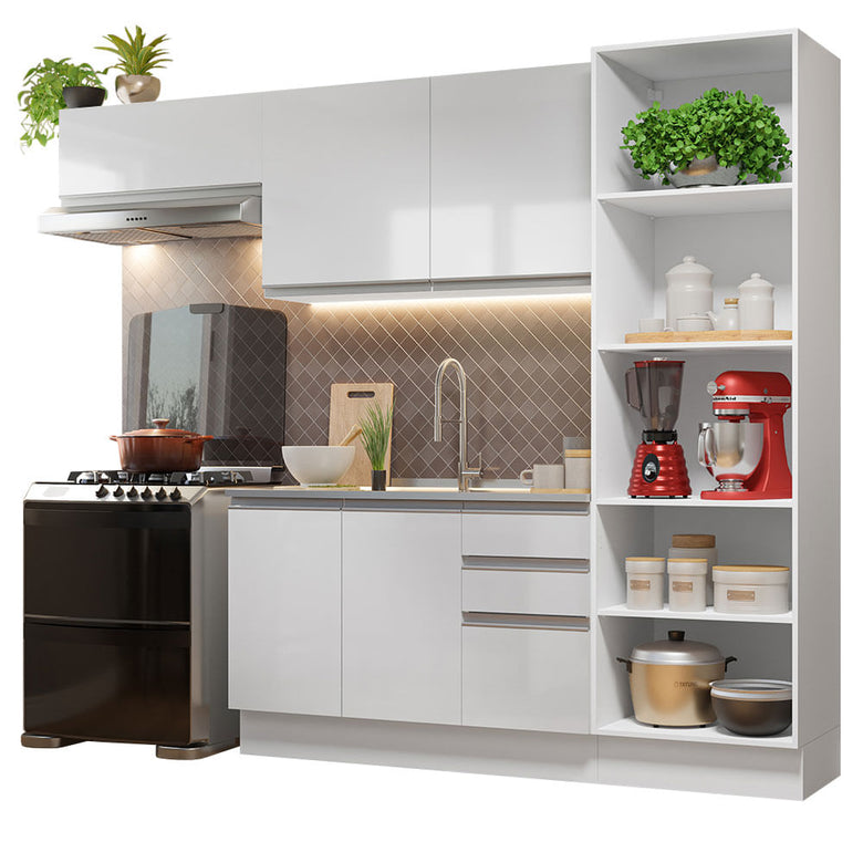 Armário de Cozinha Completa 260cm 100% MDF Frentes Branco Brilho Acordes Madesa 04