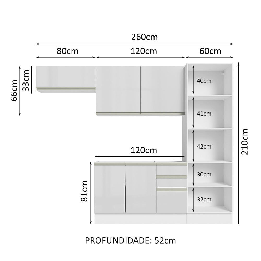 Armário de Cozinha Completa 260cm 100% MDF Frentes Branco Brilho Acordes Madesa 04