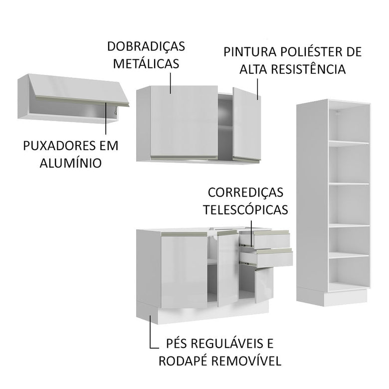 Armário de Cozinha Completa 260cm 100% MDF Frentes Branco Brilho Acordes Madesa 04