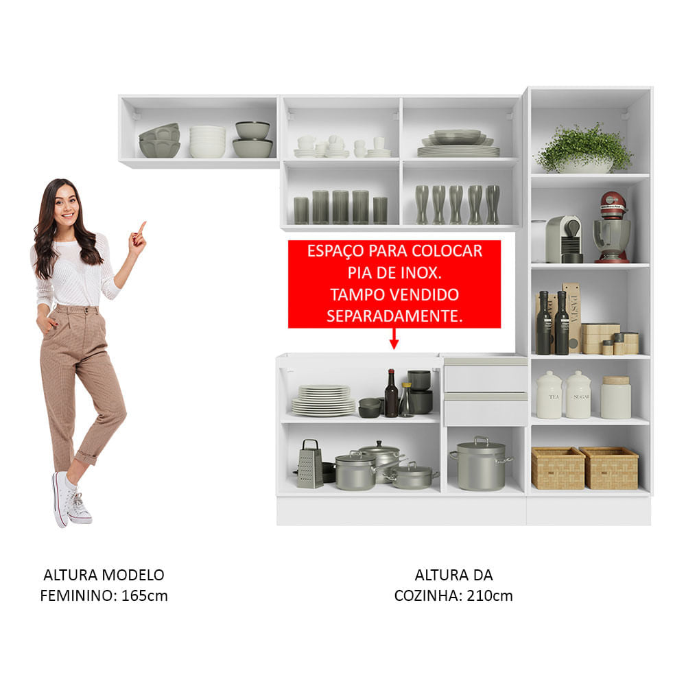 Armário de Cozinha Completa 260cm 100% MDF Frentes Branco Brilho Acordes Madesa 04