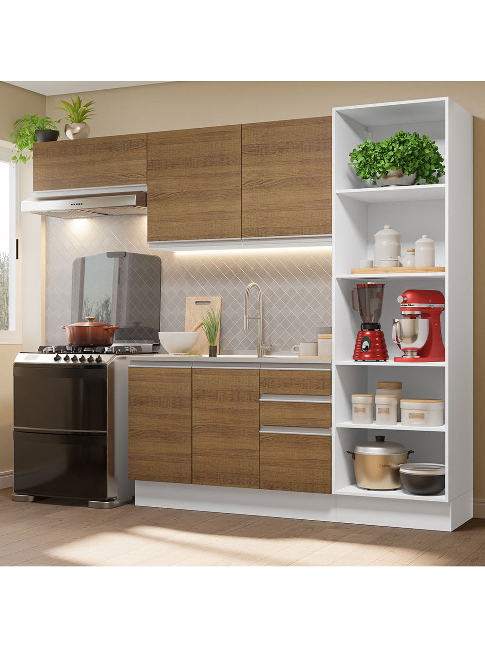 Armário de Cozinha Completa 260cm 100% MDF Branco/Rustic Acordes Madesa 04 - Branco/Rustic