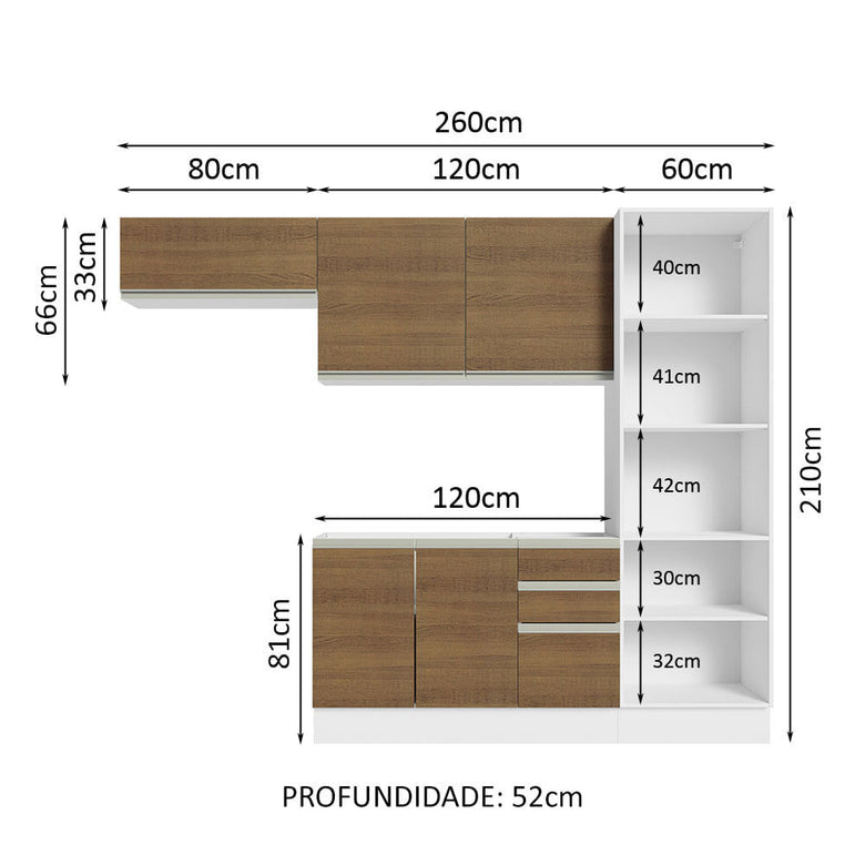 Armário de Cozinha Completa 260cm 100% MDF Branco/Rustic Acordes Madesa 04