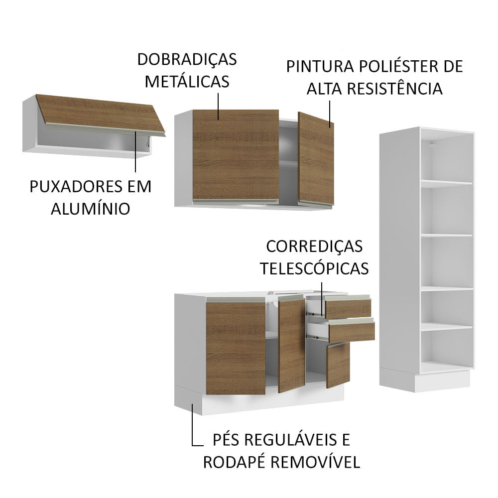 Armário de Cozinha Completa 260cm 100% MDF Branco/Rustic Acordes Madesa 04