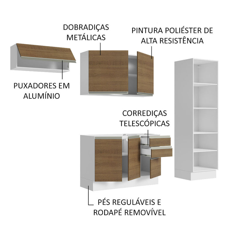 Armário de Cozinha Completa 260cm 100% MDF Branco/Rustic Acordes Madesa 04