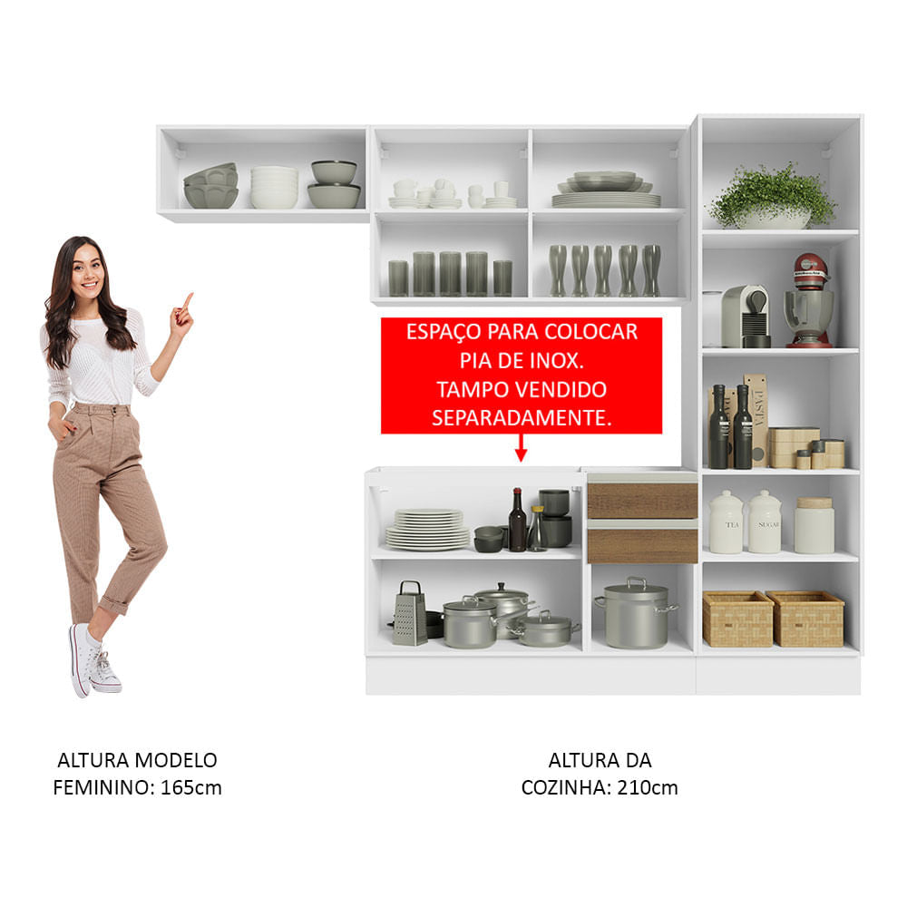 Armário de Cozinha Completa 260cm 100% MDF Branco/Rustic Acordes Madesa 04