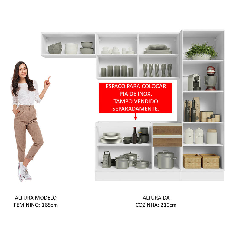 Armário de Cozinha Completa 260cm 100% MDF Branco/Rustic Acordes Madesa 04