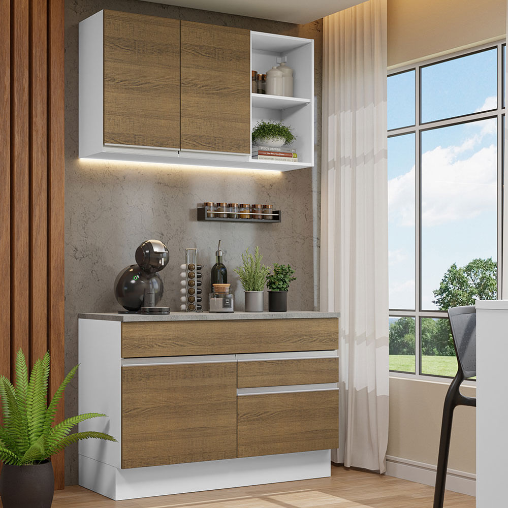 Armário de Cozinha Compacta 120cm Branco/Rustic Glamy Madesa 08 - Branco/Rustic