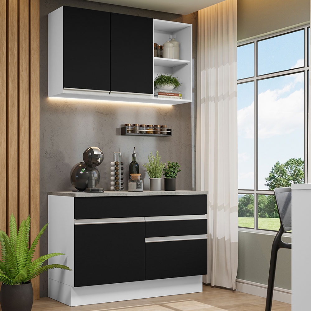 Armário de Cozinha Compacta 120cm Branco/Preto Glamy Madesa 08 - Branco/Preto