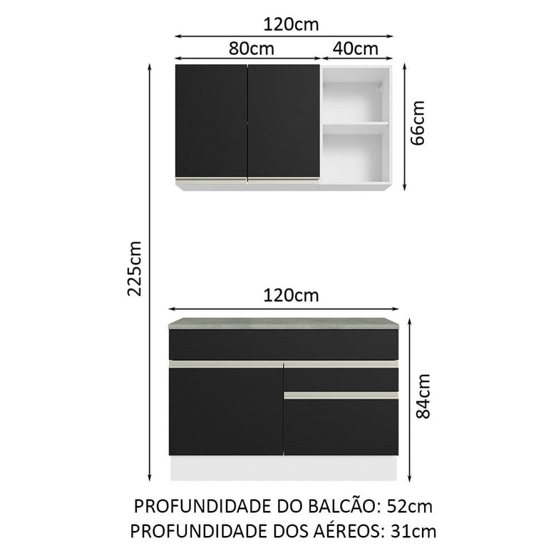Armário de Cozinha Compacta 120cm Branco/Preto Glamy Madesa 08