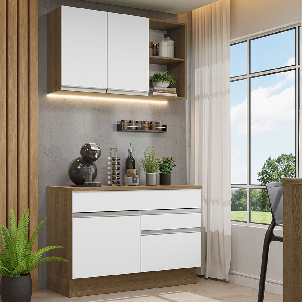 Armário de Cozinha Compacta 120cm Rustic/Branco Glamy Madesa 08 - Rustic/Branco
