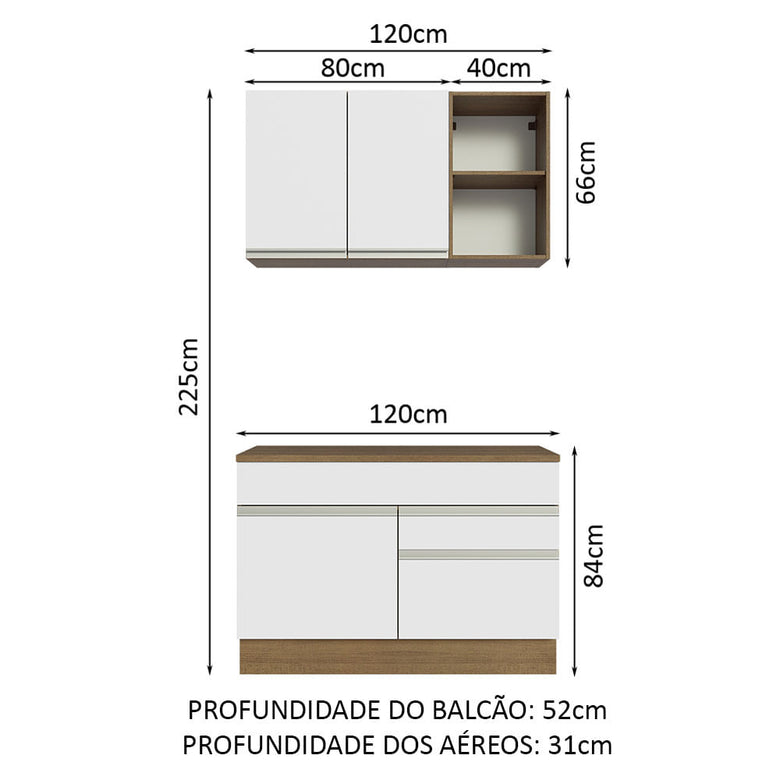 Armário de Cozinha Compacta 120cm Rustic/Branco Glamy Madesa 08
