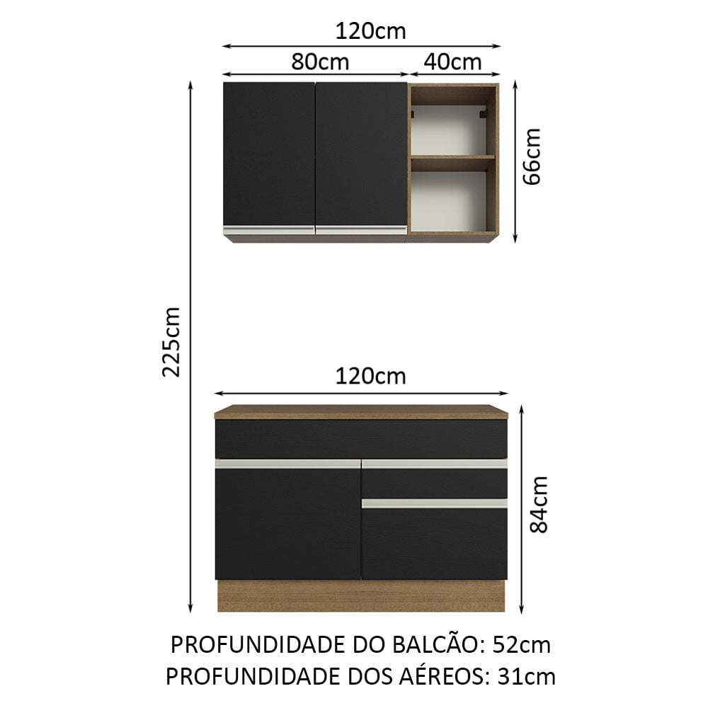 Armário de Cozinha Compacta 120cm Rustic/Preto Glamy Madesa 08