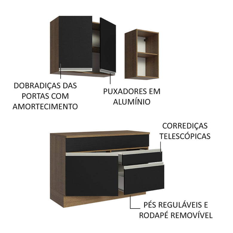Armário de Cozinha Compacta 120cm Rustic/Preto Glamy Madesa 08
