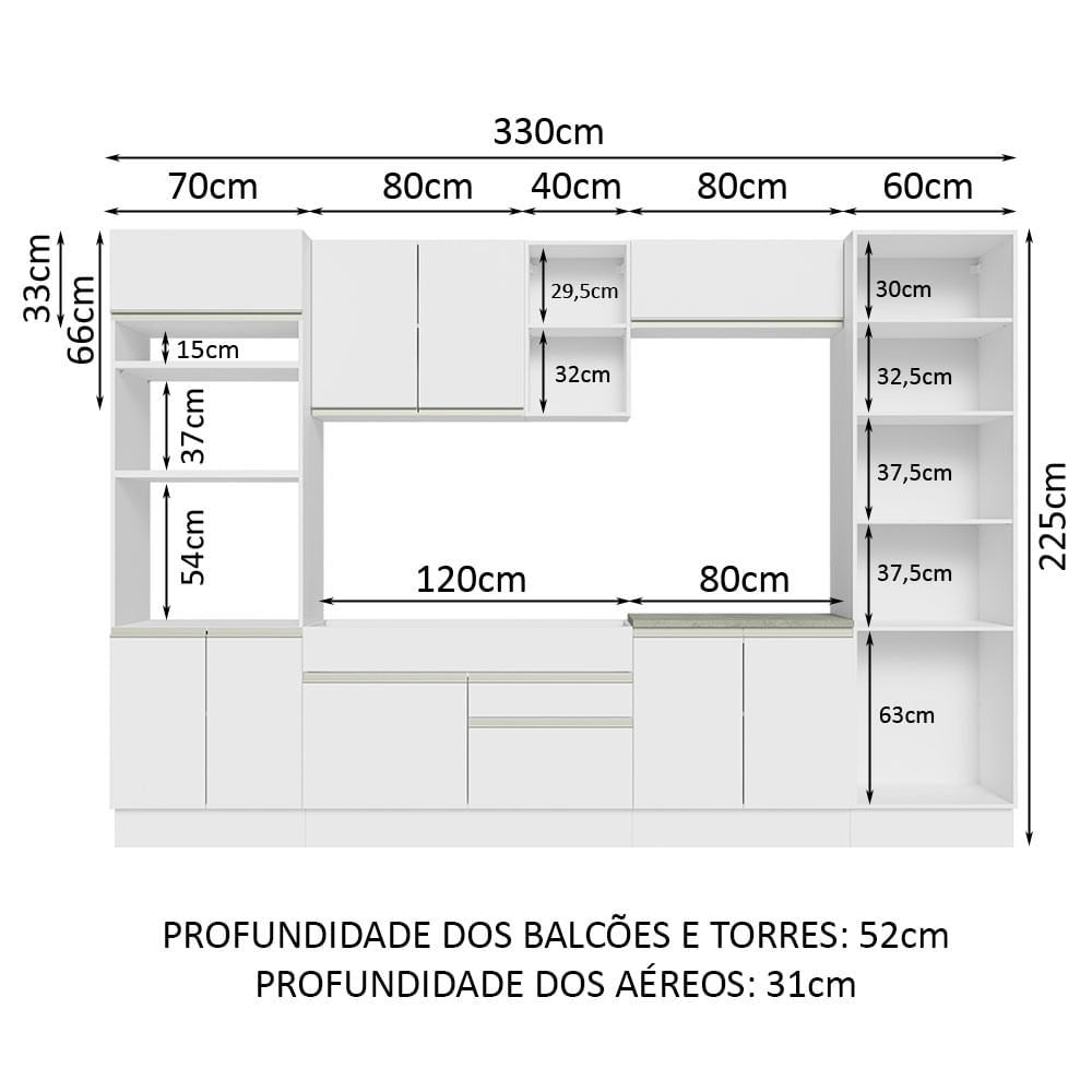 Armário de Cozinha Completa 330cm Branco Glamy Madesa 03