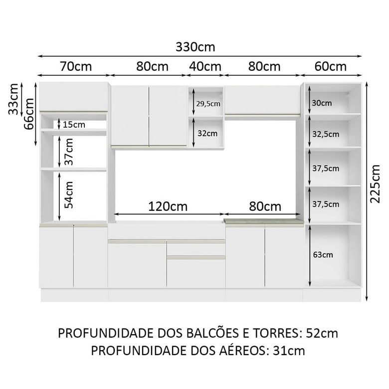 Armário de Cozinha Completa 330cm Branco Glamy Madesa 03