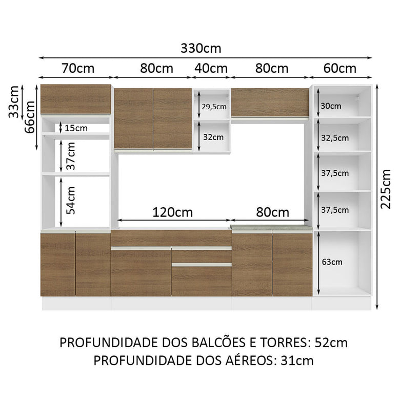 Armário de Cozinha Completa 330cm Branco/Rustic Glamy Madesa 03