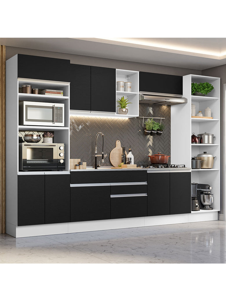 Armário de Cozinha Completa 330cm Branco/Preto Glamy Madesa 03