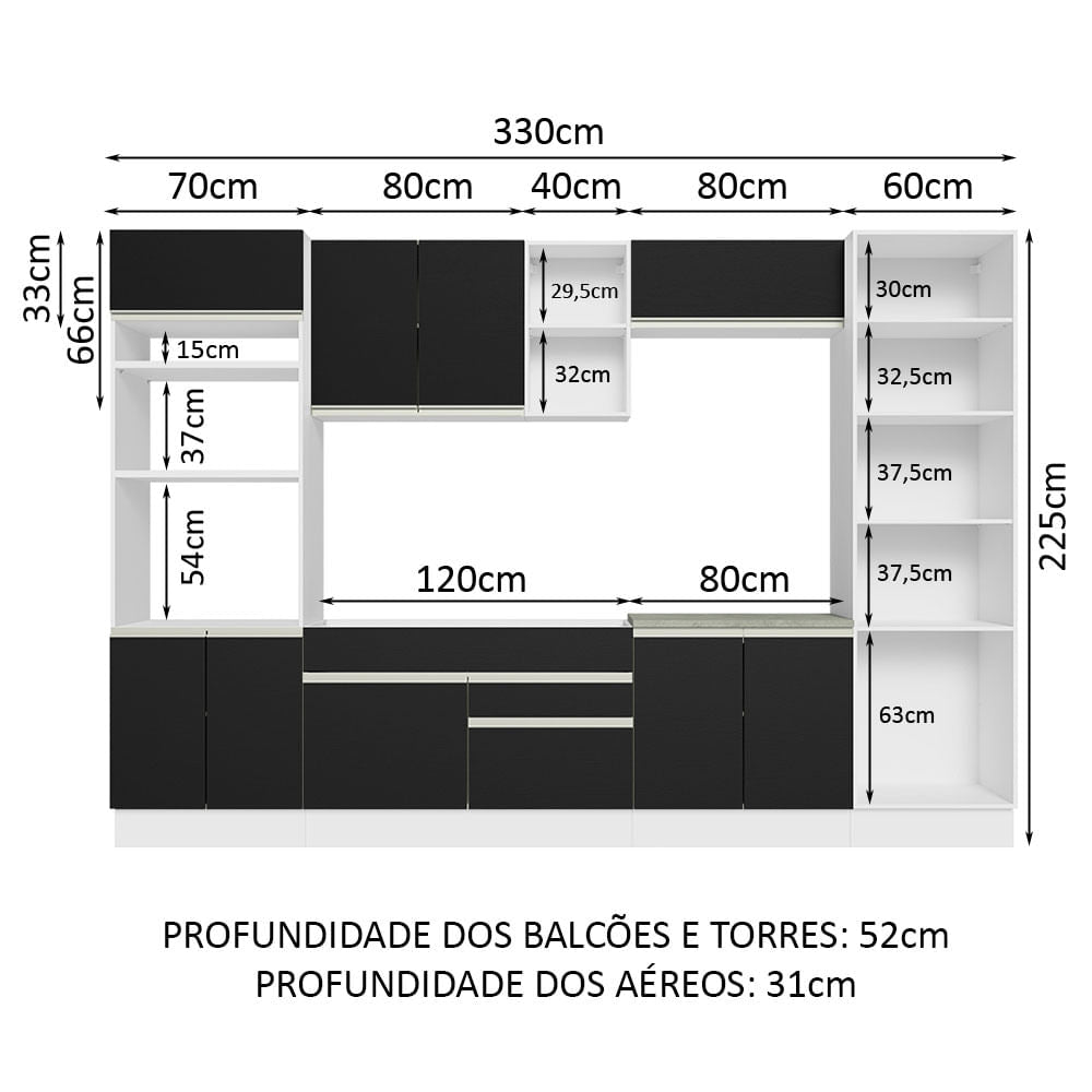 Armário de Cozinha Completa 330cm Branco/Preto Glamy Madesa 03