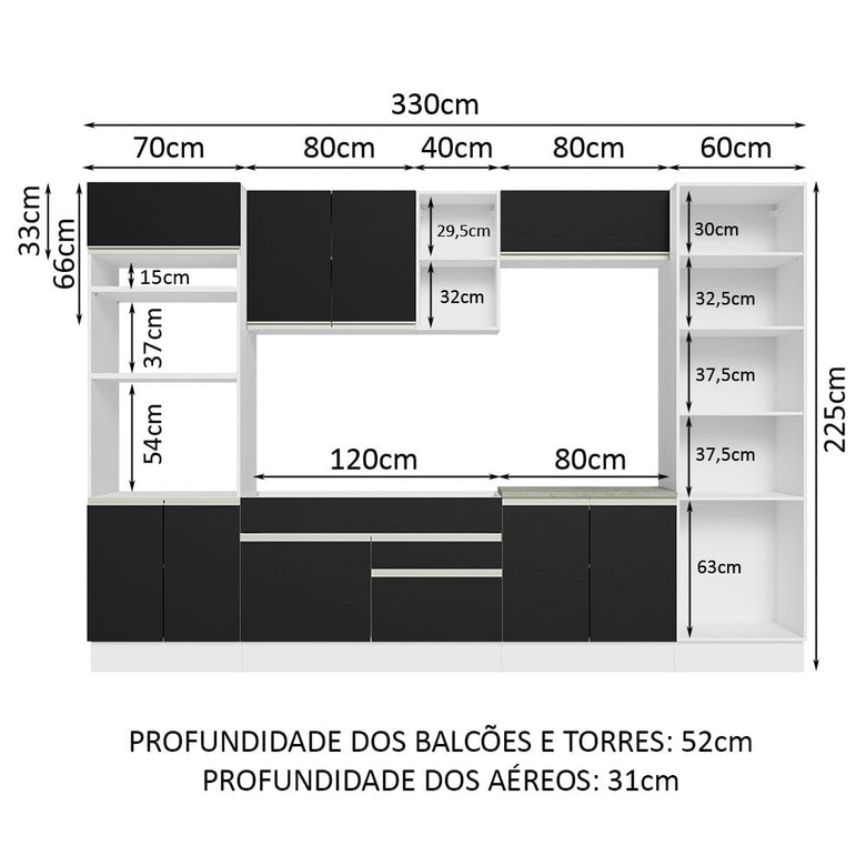 Armário de Cozinha Completa 330cm Branco/Preto Glamy Madesa 03