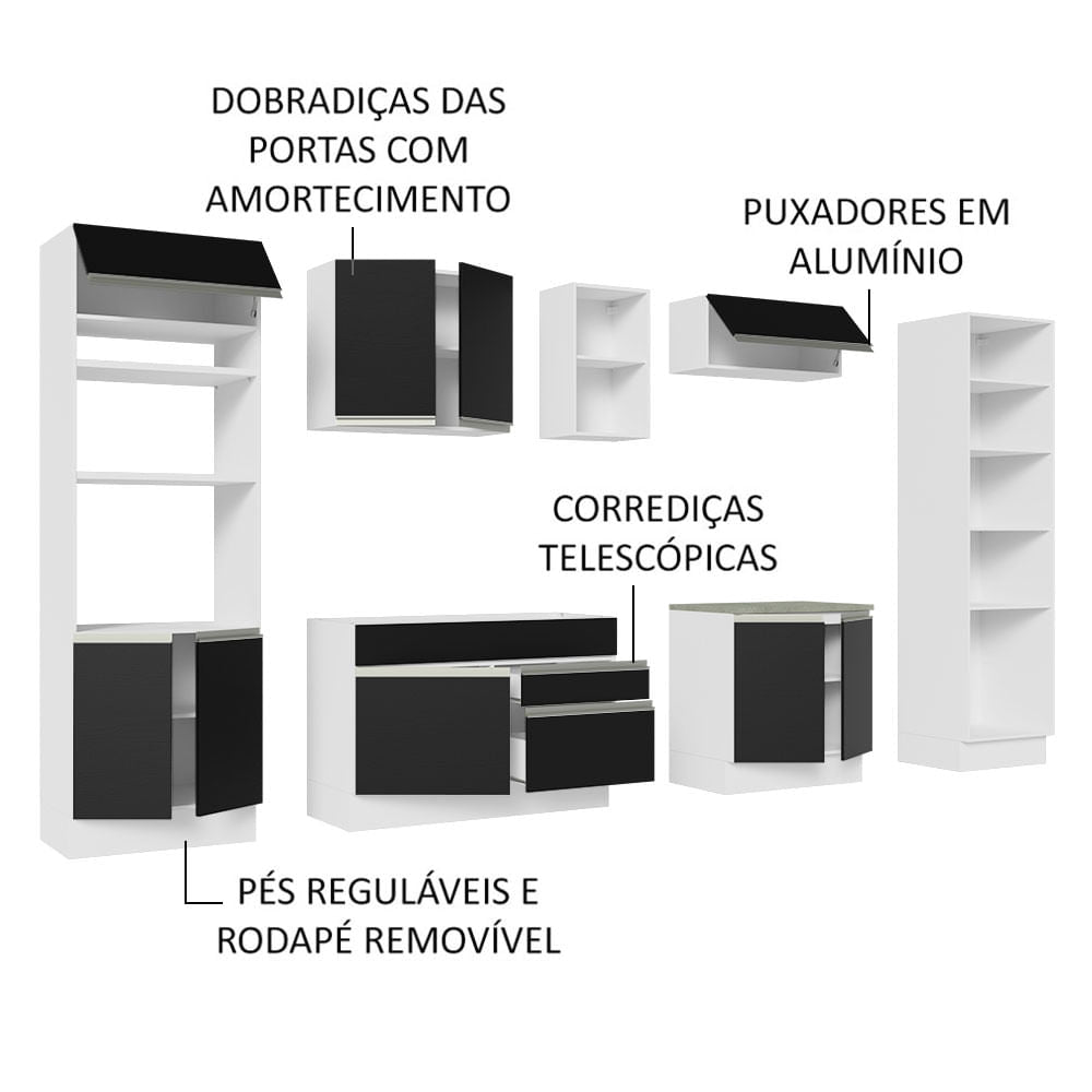 Armário de Cozinha Completa 330cm Branco/Preto Glamy Madesa 03
