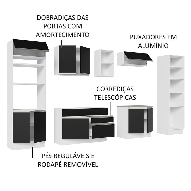 Armário de Cozinha Completa 330cm Branco/Preto Glamy Madesa 03