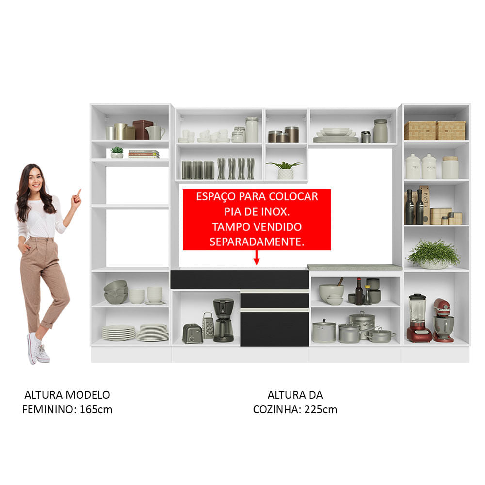 Armário de Cozinha Completa 330cm Branco/Preto Glamy Madesa 03