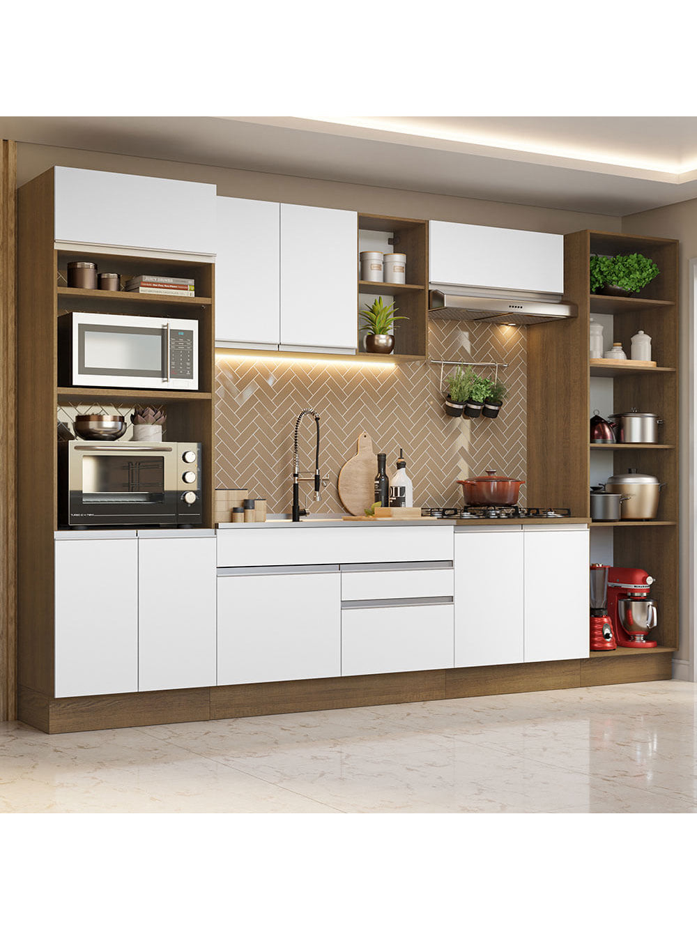 Armário de Cozinha Completa 330cm Rustic/Branco Glamy Madesa 03 - Rustic/Branco