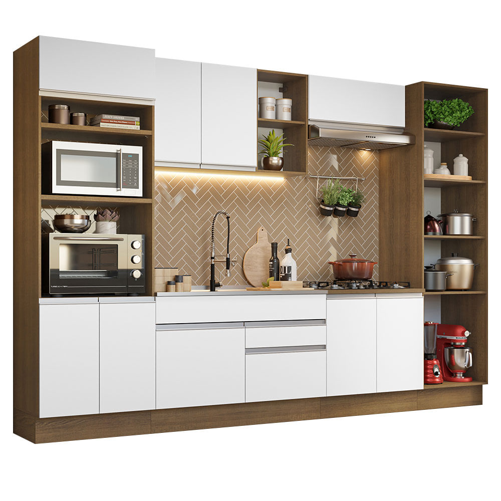 Armário de Cozinha Completa 330cm Rustic/Branco Glamy Madesa 03 - Rustic/Branco