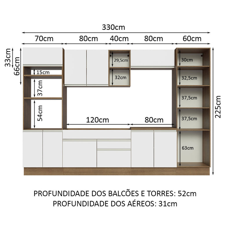 Armário de Cozinha Completa 330cm Rustic/Branco Glamy Madesa 03