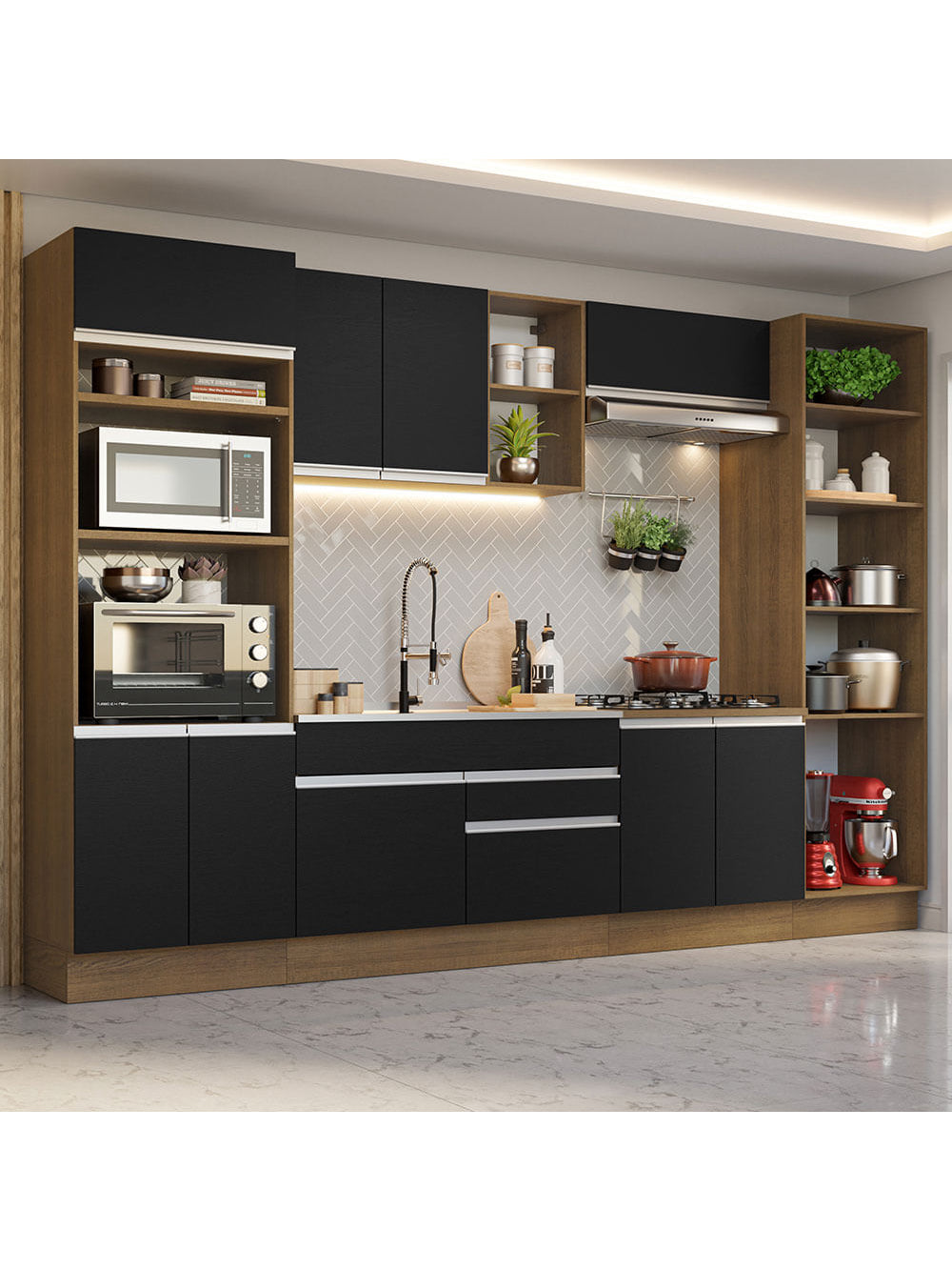 Armário de Cozinha Completa 330cm Rustic/Preto Glamy Madesa 03 - Rustic/Preto