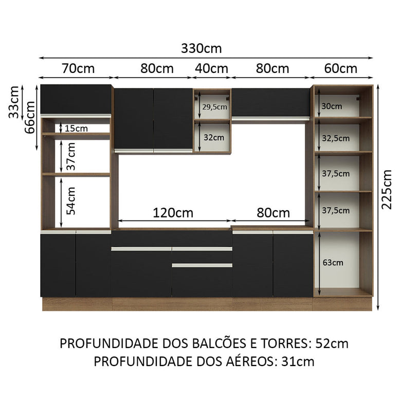 Armário de Cozinha Completa 330cm Rustic/Preto Glamy Madesa 03