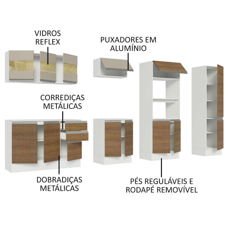 Armário de Cozinha Completa 100% MDF 300cm Branco/Rustic/Crema Smart Madesa 02
