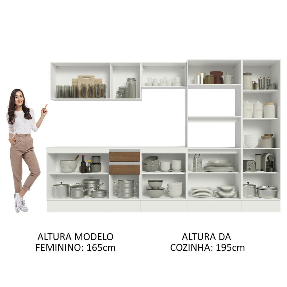 Armário de Cozinha Completa 100% MDF 300cm Branco/Rustic/Crema Smart Madesa 02