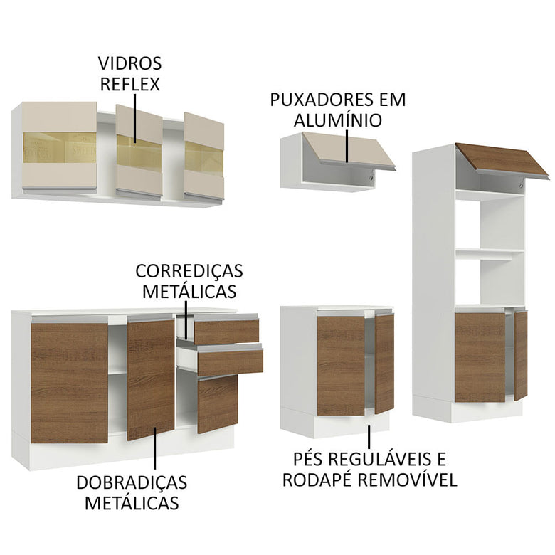 Armário de Cozinha Completa 100% MDF 250 cm Branco/Rustic/Crema Smart Madesa 02