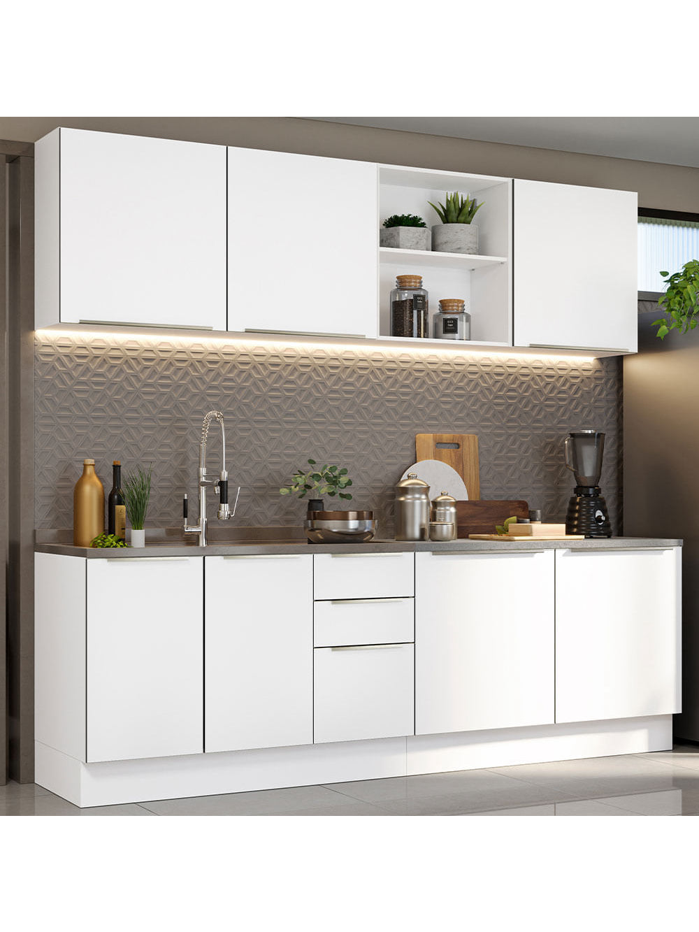 Armário de Cozinha Completa 240cm Branco Veludo Lux Madesa 05 - Branco/Branco Veludo