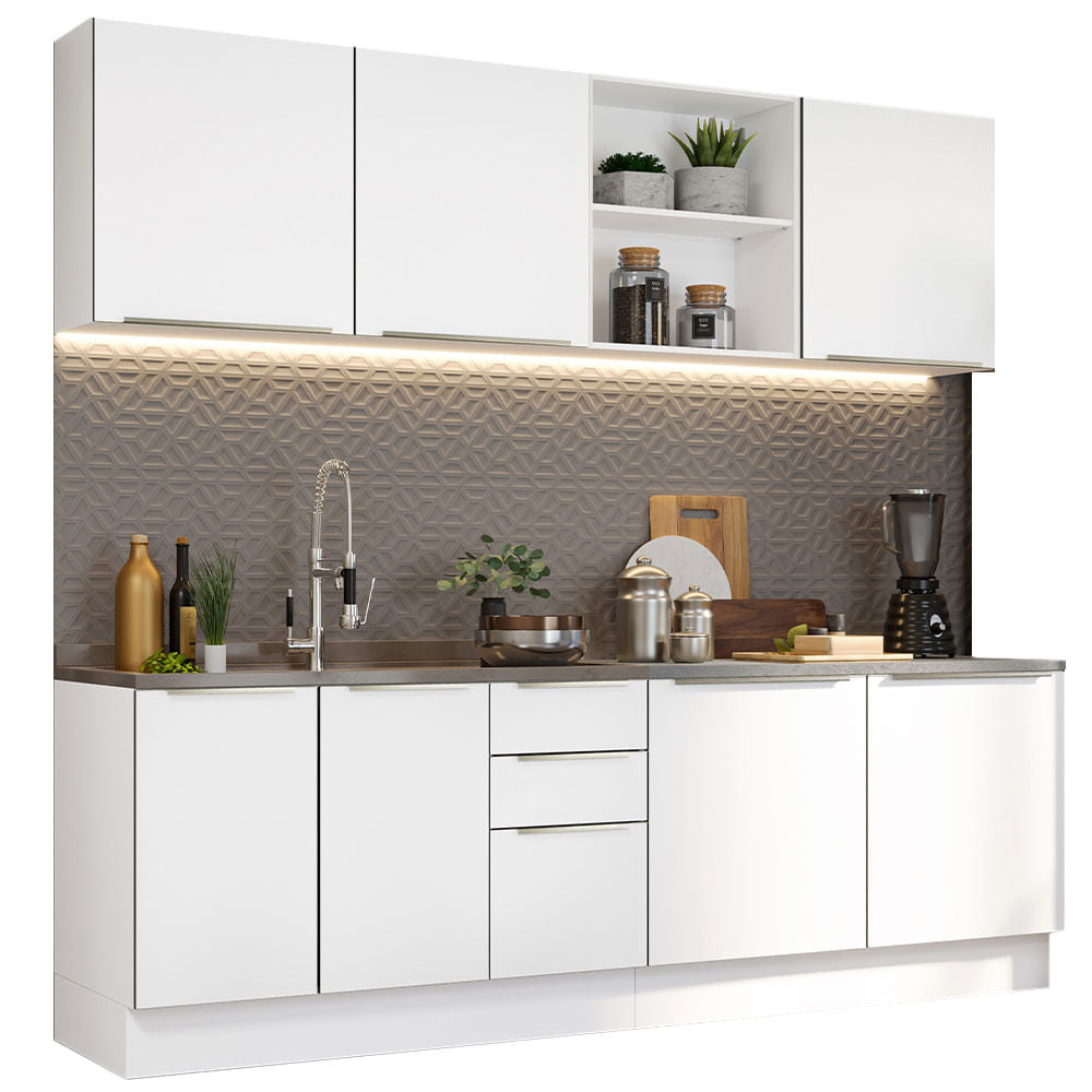 Armário de Cozinha Completa 240cm Branco Veludo Lux Madesa 05 - Branco/Branco Veludo